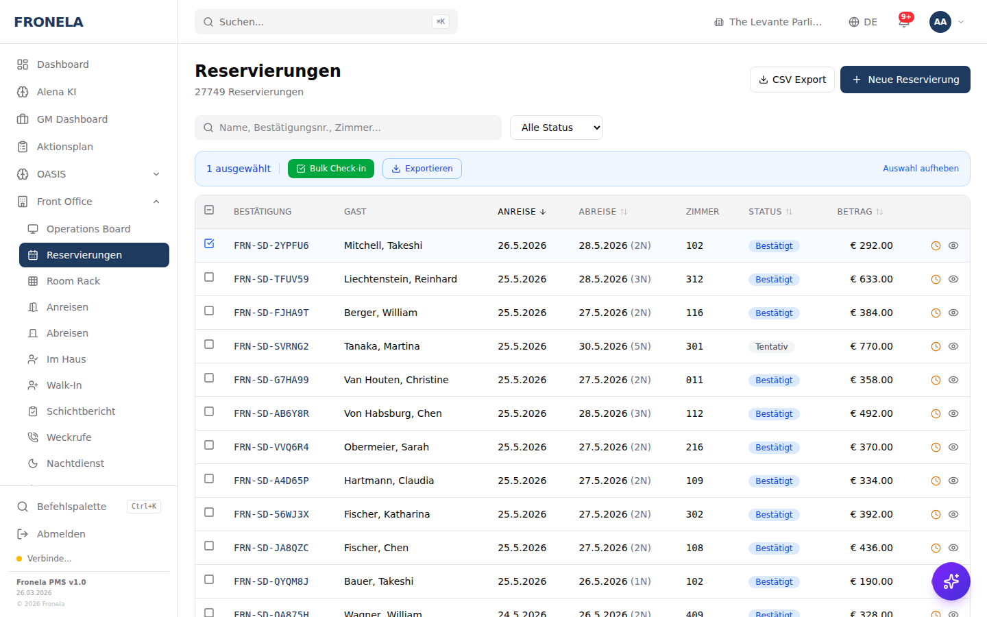 Fronela Reservierung Detail